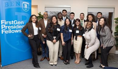 Members of the first graduating class of FirstGen Presidential Fellows pose with Bentley President E. LaBrent Chrite.