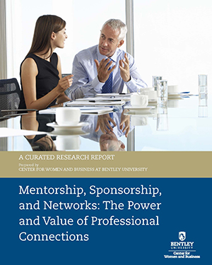 CWB Mentorship/Sponsorship Research Report Cover with a male mentor having a discussion at conference table with his female mentee