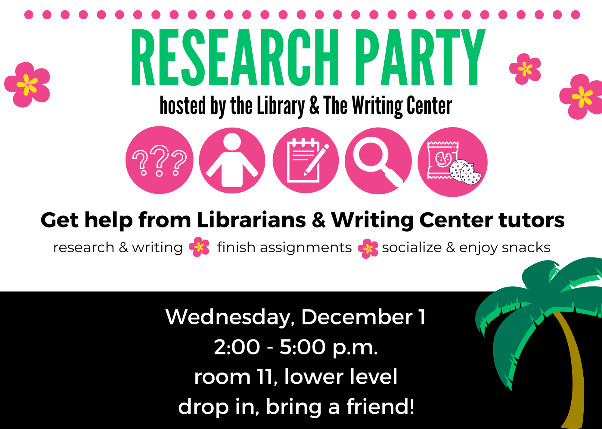 you're invited to a research party on December 1 with librarians and Writing Center tutors