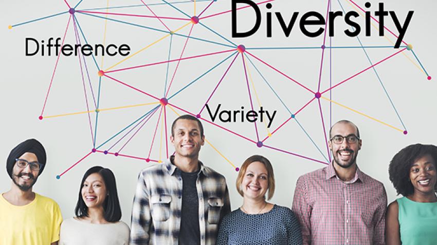 Diverse individuals representing employees and the metrics to measure advances in diversity and inclusion