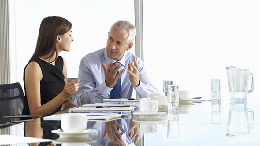  Male mentor having a discussion at conference table with his female mentee