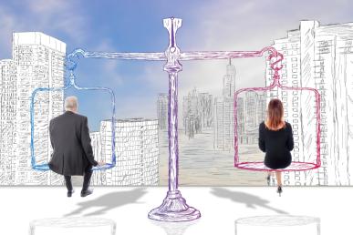 Photo illustration of oversized scale with a man and a woman sitting on either side. Their backs are turned, and they are looking out a city landscape filled with skyscrapers.