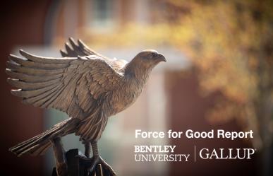Close-up of falcon statue overwritten with Force for Good Report and Bentley University and Gallup logos