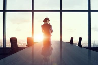 A businesswoman stands at the head of empty conference room table, her back to the viewer. She is looking out the windows at the city skyline as the sun sets, illuminating her silhouette in a golden glow.