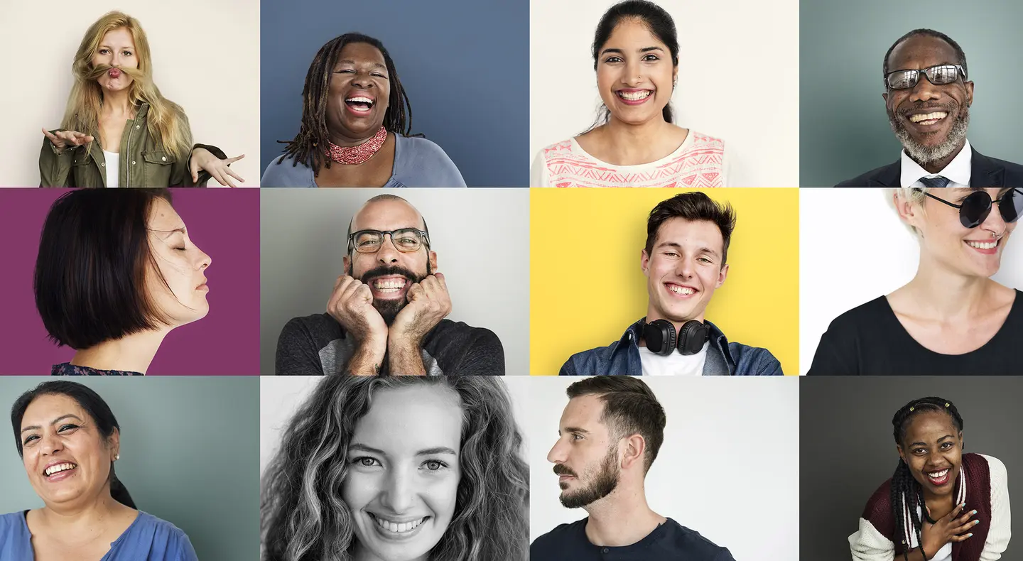 Collage of twelve happy, diverse people with focus on their smiling faces
