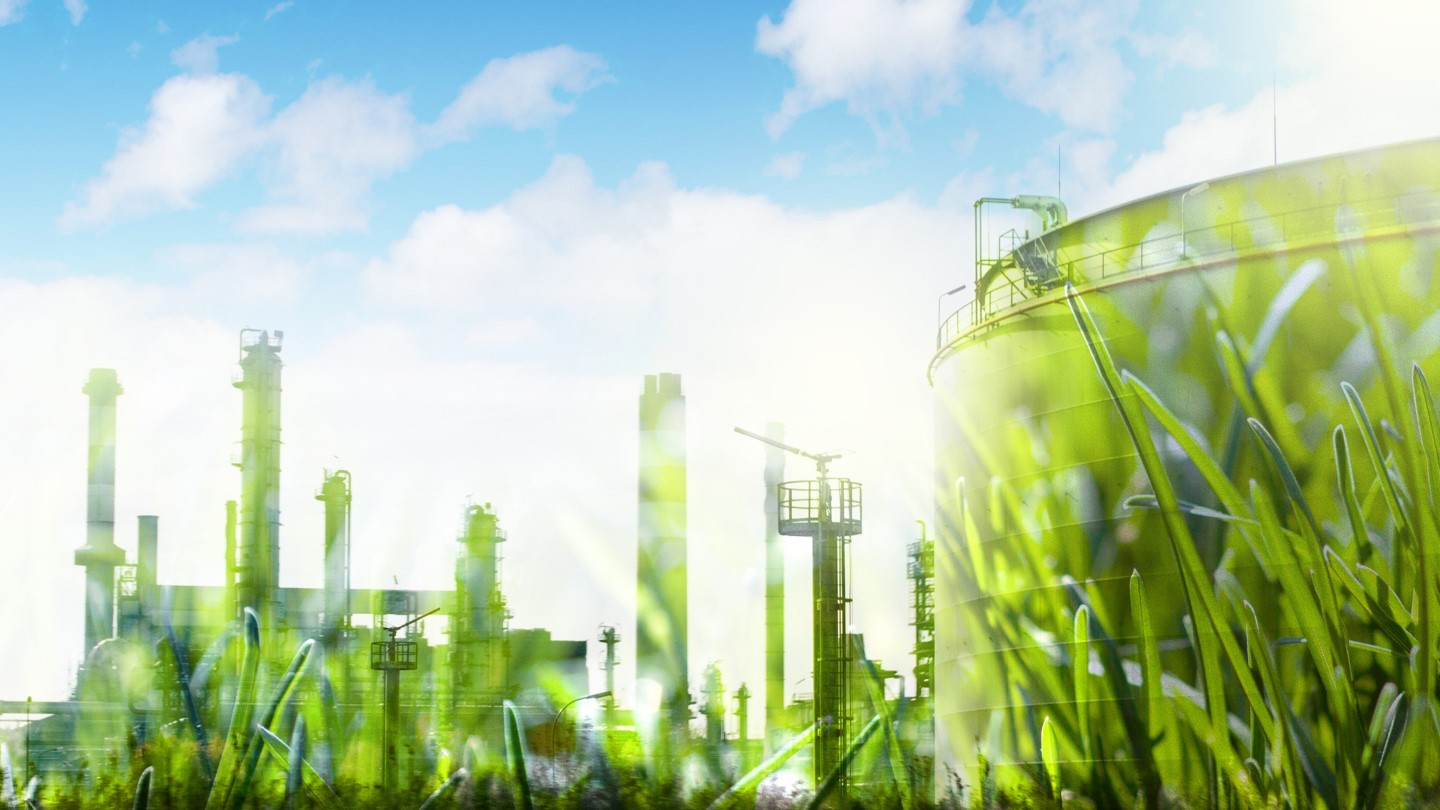 Photo illustration of power plant silhouette filled in with vegetation