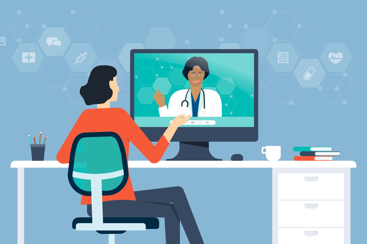 Illustration of female patient talking with female doctor via computer