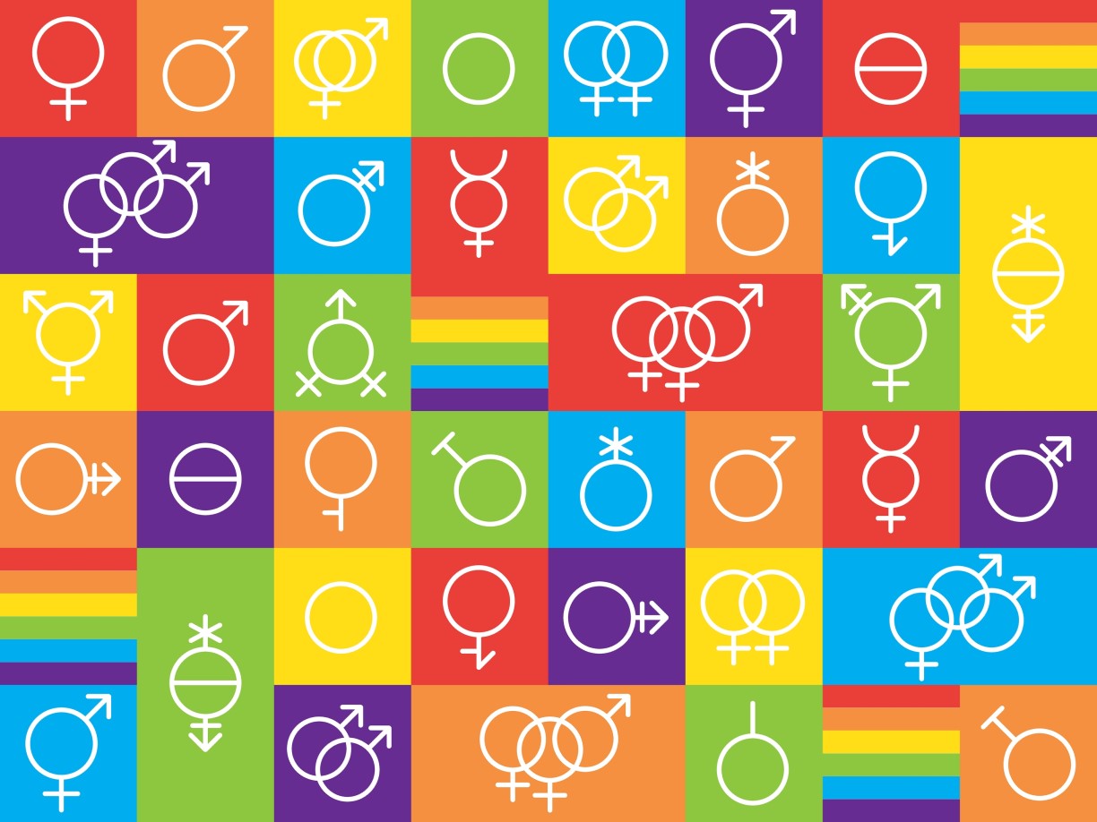 Chart in rainbow colors featuring diverse symbols denoting gender and identities.