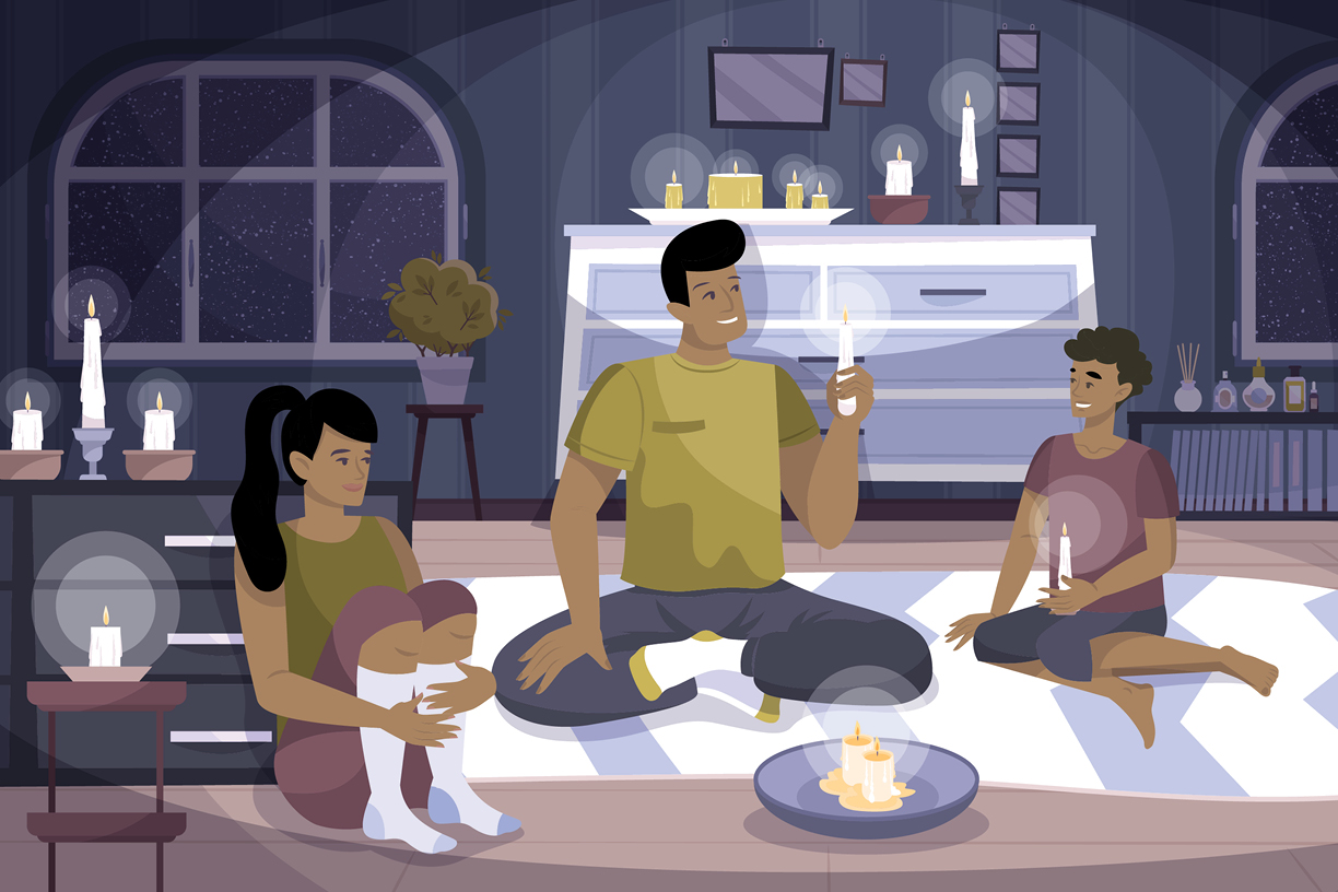 Illustration of three family members in their living room during a power outage, surrounded by lit candles