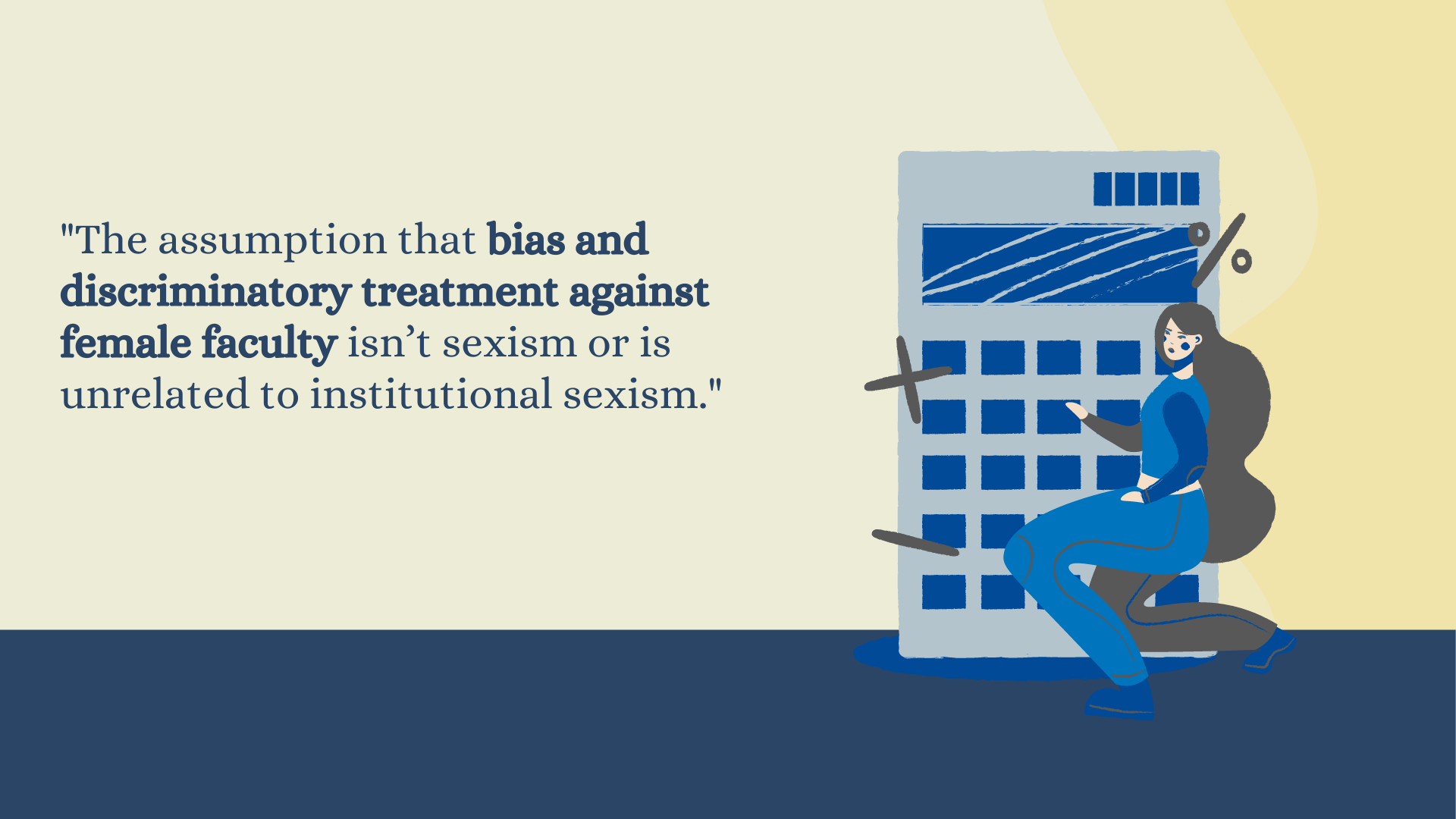 Image with the text "The assumption that bias and discriminatory treatment against female faculty isn’t sexism or is unrelated to institutional sexism. "