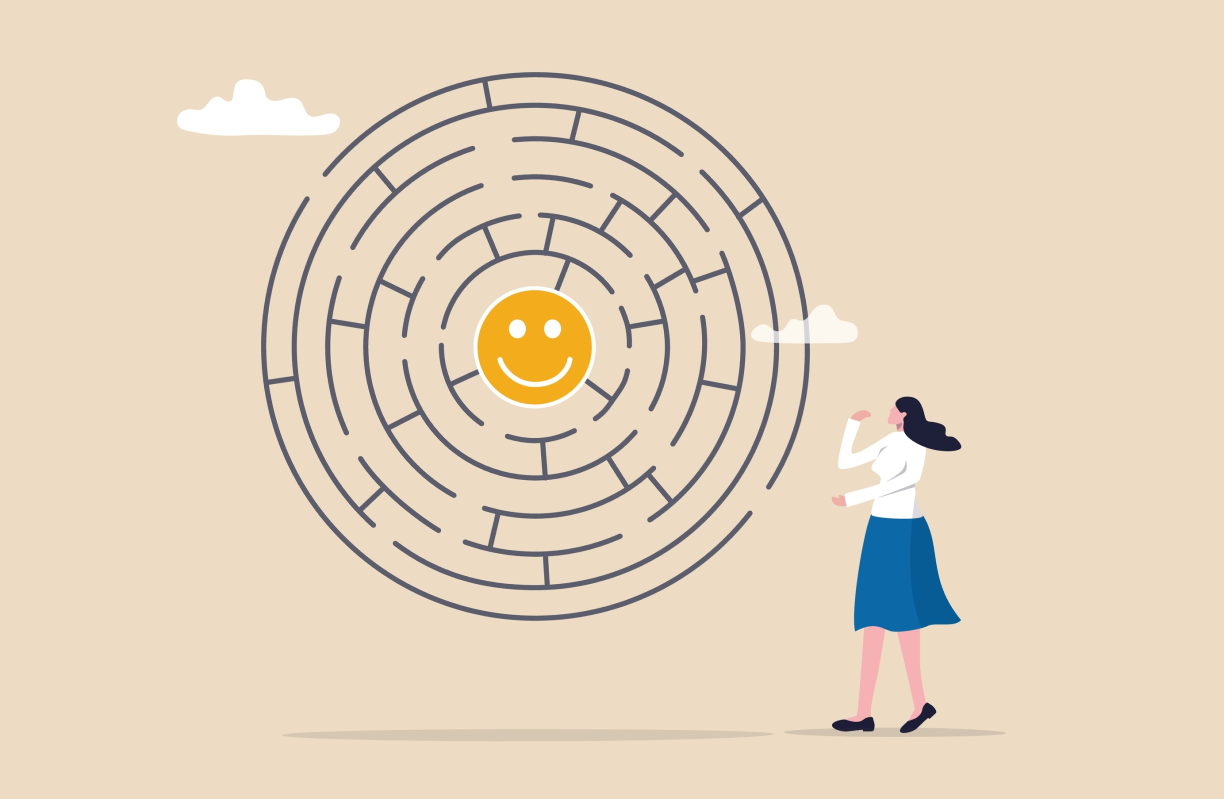 Illustration of a  woman standing before a circular maze with a happy face in its center