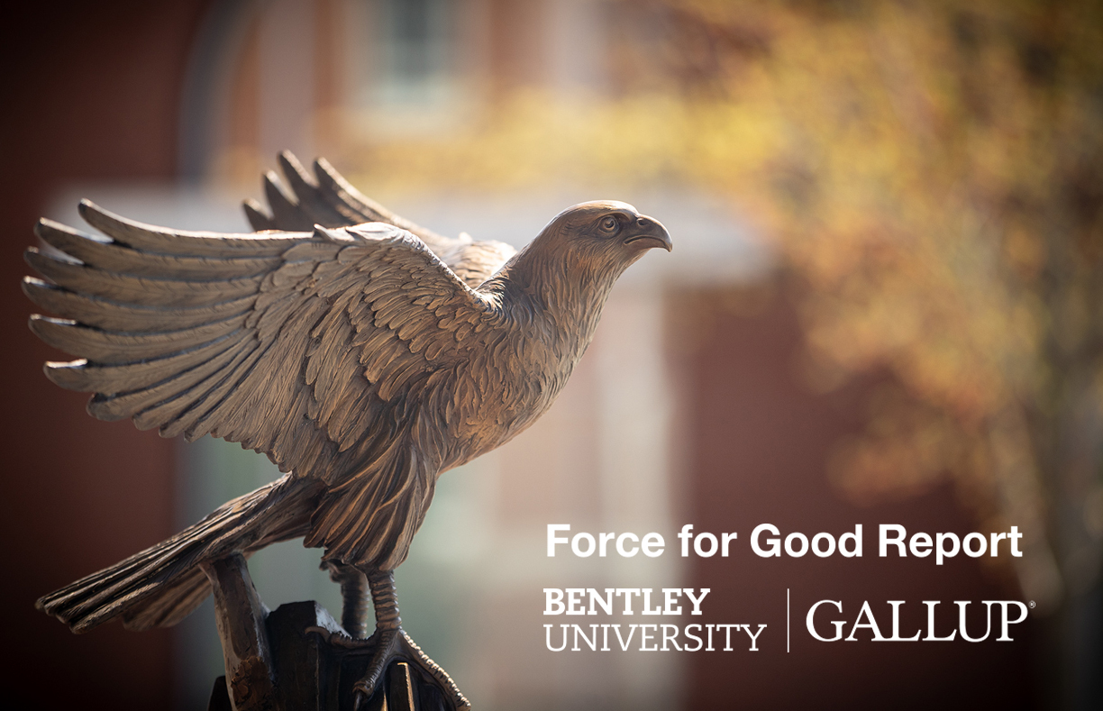 Close-up of falcon statue overwritten with Force for Good Report and Bentley University and Gallup logos