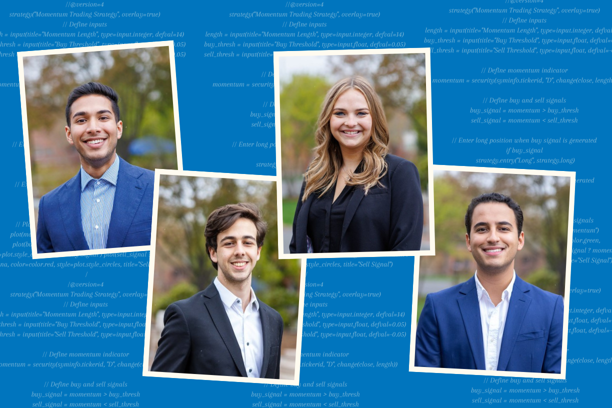 Photo illustration featuring four student headshots arranged over a blue background with semi-transparent ChatGPT-produced fintech code commands