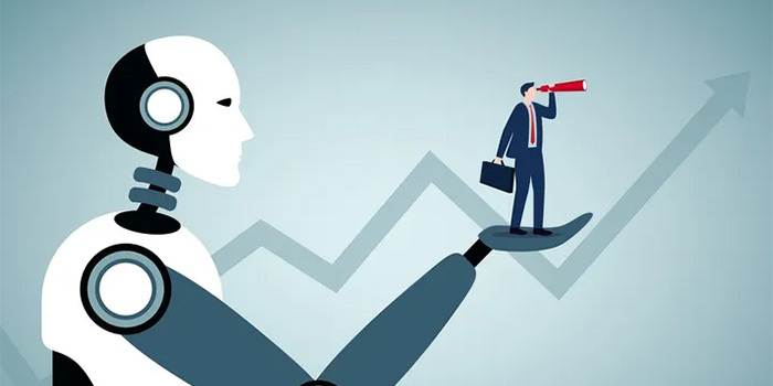 Animation of robot holding businessman