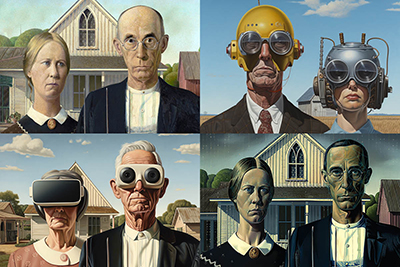 a collage of AI generated versions of the painting 'American Gothic'