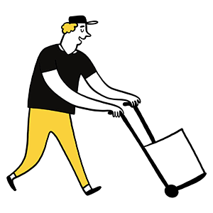 illustration of a man pushing a basket on wheels