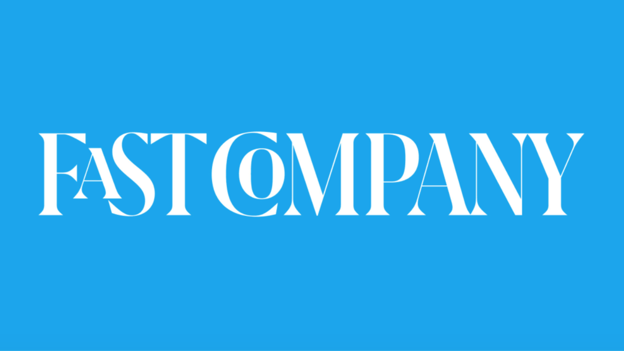 Fast Company logo, featuring white text on light blue background