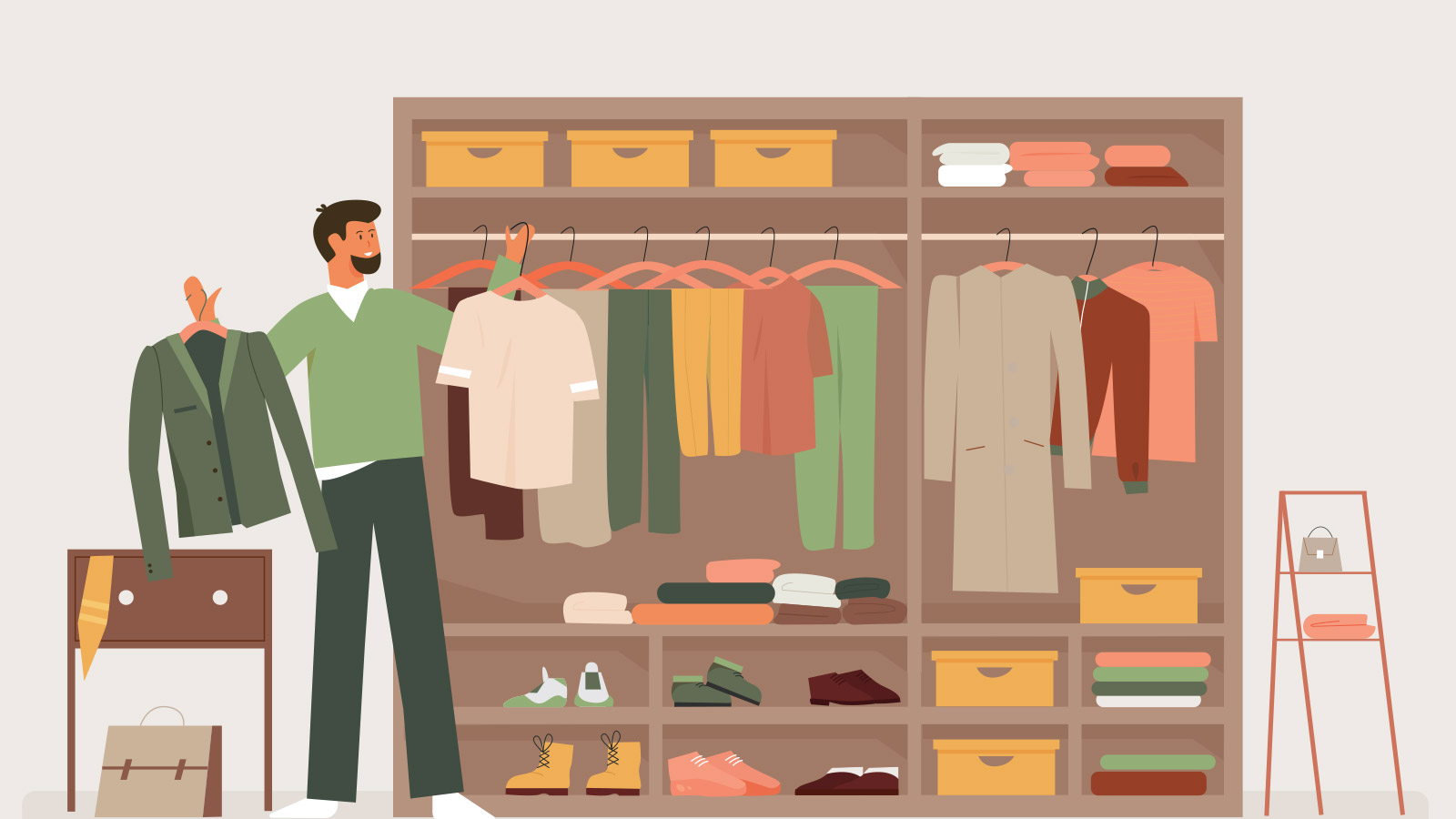 an illustration of a man going through his closet