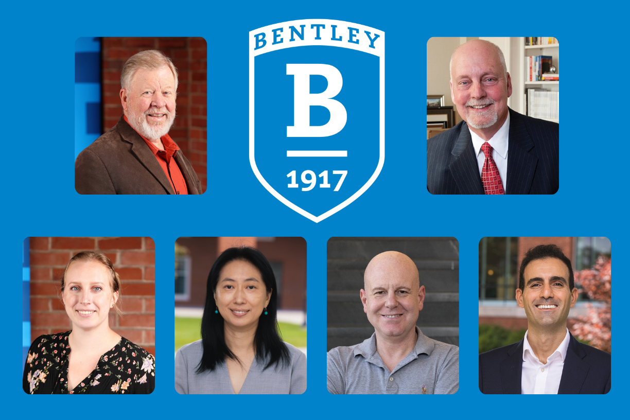 Photo collage featuring headshots of six faculty members grouped around a white Bentley shield on a blue background 