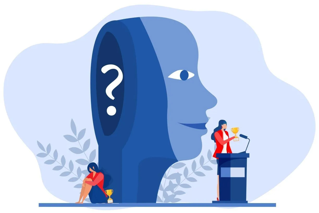 Imposter syndrome depiction comparing a woman at a podium and a flip side of her questioning her talents