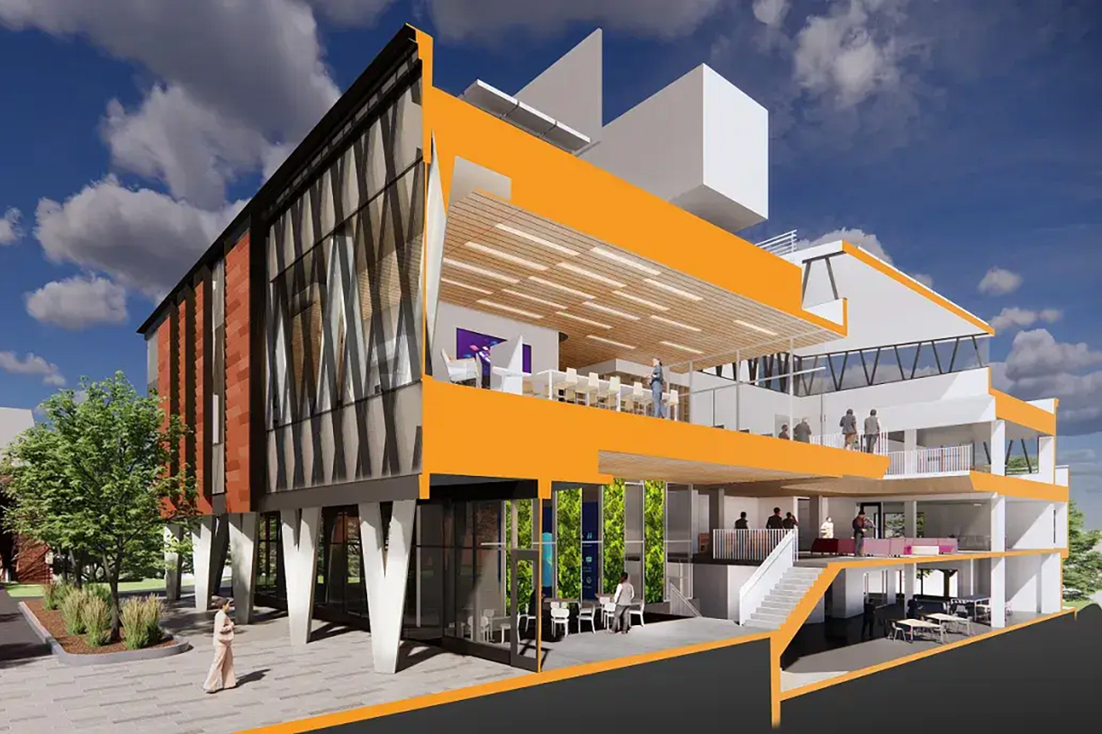 An artist's rendering of the reimagined Adamian Academic Center, showing a cross-section of the building's three levels.