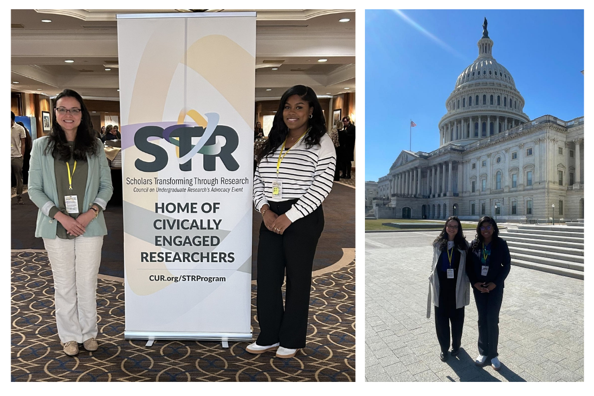 Composite photo featuring Franchesa Vilmenay and Paula da Chaves Silva standing next to a banner promoting the Students Transforming through Research Program as the "Home of Civically Engaged Researchers" next to a photo of the pair posing in front of the U.S. Capitol Building in Washington., D.C.