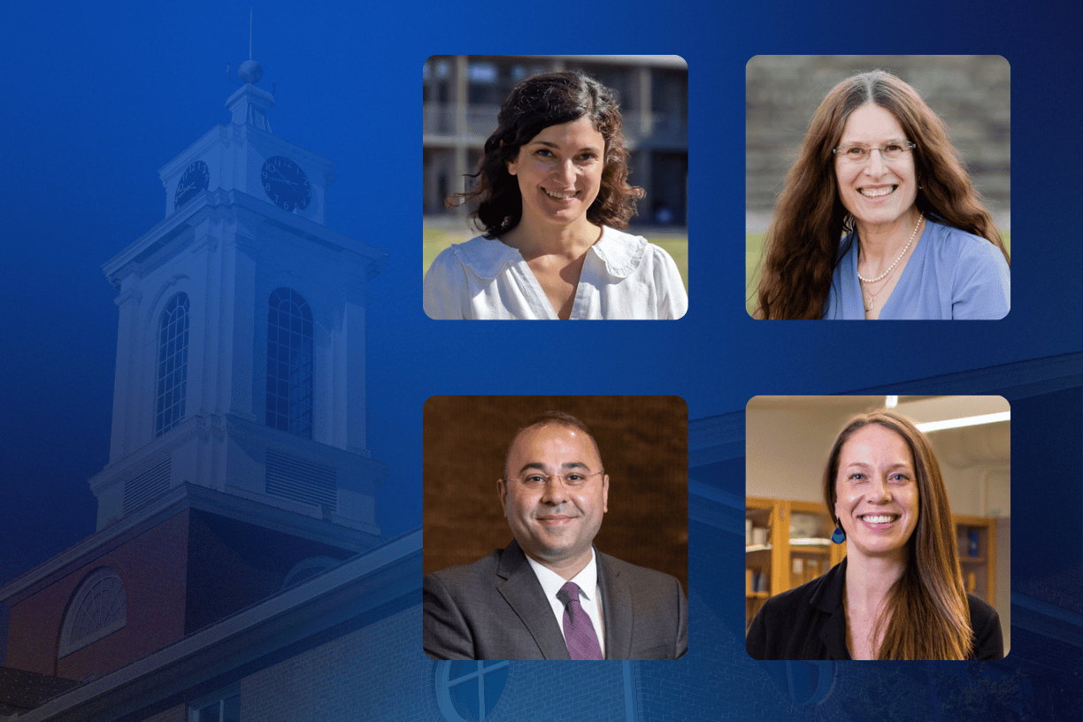 Photo composite featuring a background image of the Bentley Library bell tower with a semi-opaque blue overlay and headshots of four Bentley professors: Laure Astourian and Tamara Ledley (top) and Ahmet Kurt and Betsy Stoner (bottom)
