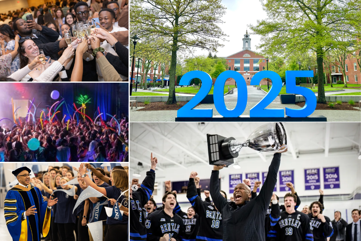 Collage of Bentley Class of 2025 highlights: senior toast, La Raza event, President E. LaBrent Chrite's inauguration, men's hockey team Atlantic Hockey Championship win