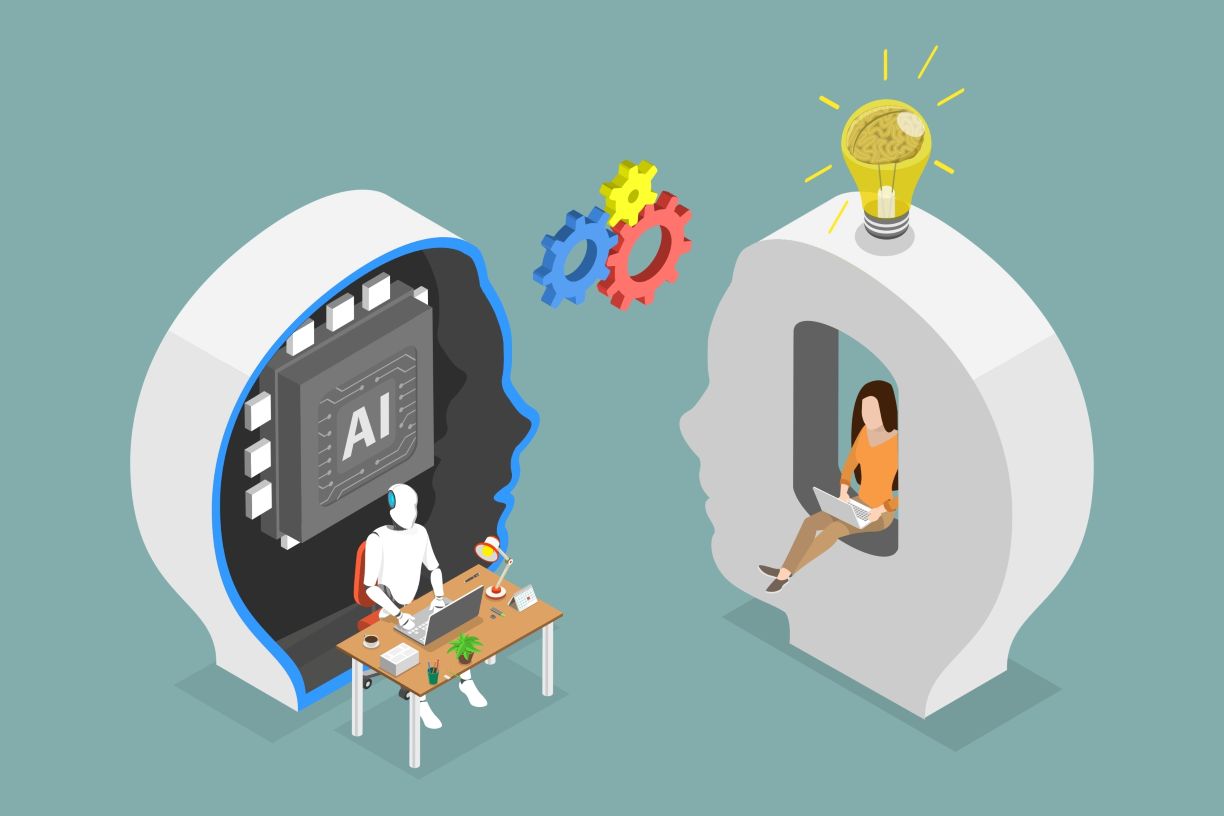 Illustration of a split head showing human and chatbot sides, symbolizing AI-human collaboration