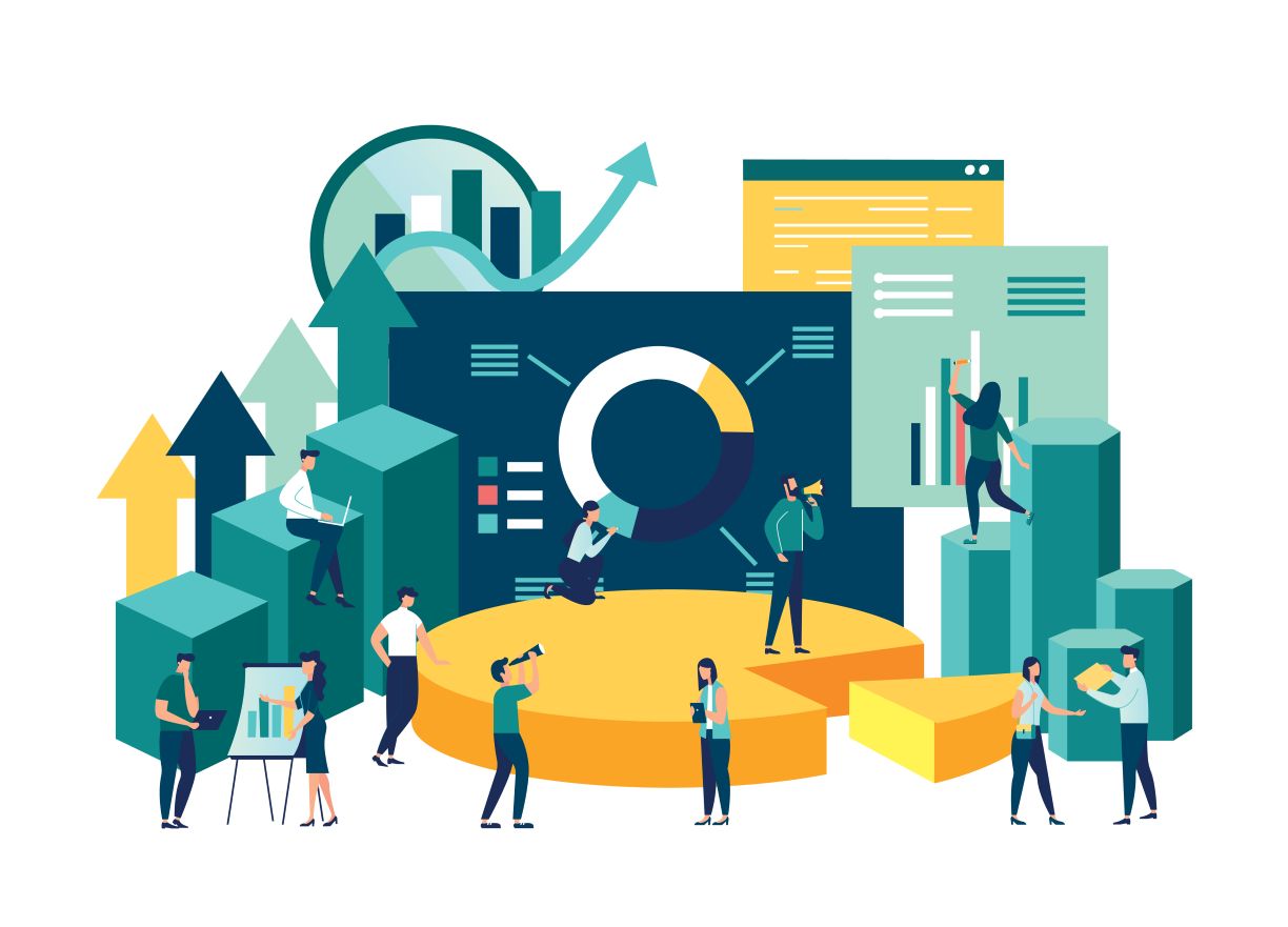 Illustration of business office workers with analytics career-focused visuals such infographics and a graph