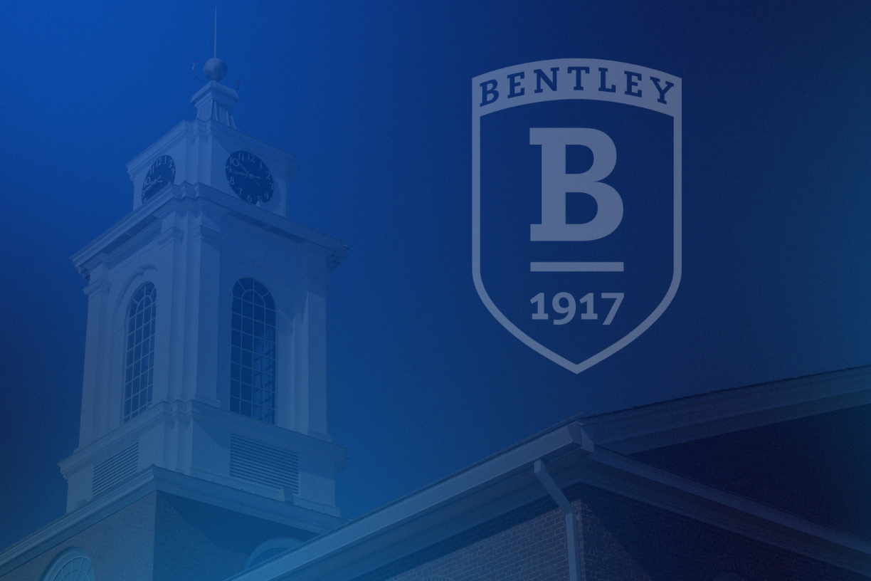 Photo illustration featuring Bentley Library clock tower with blue overlay and white Bentley shield.