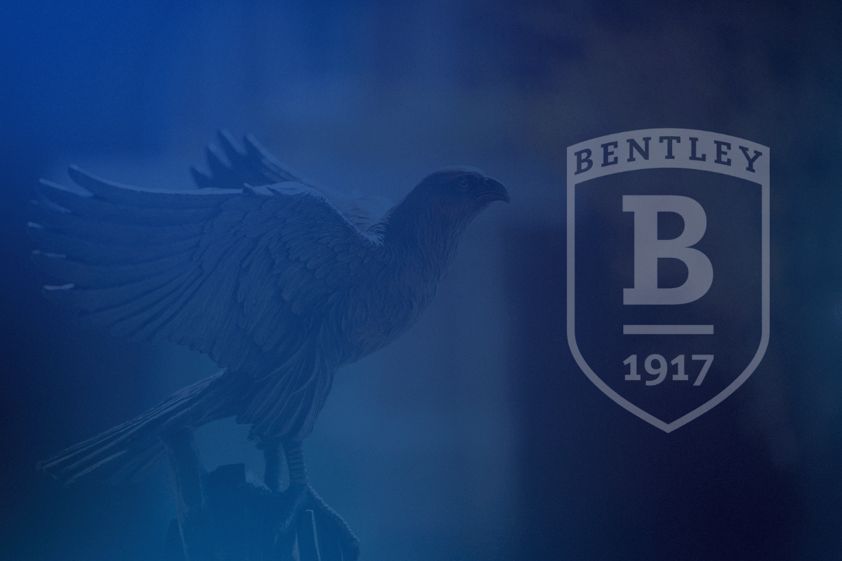Photo illustration featuring falcon statue in the background with blue overlay and white Bentley shield logo.