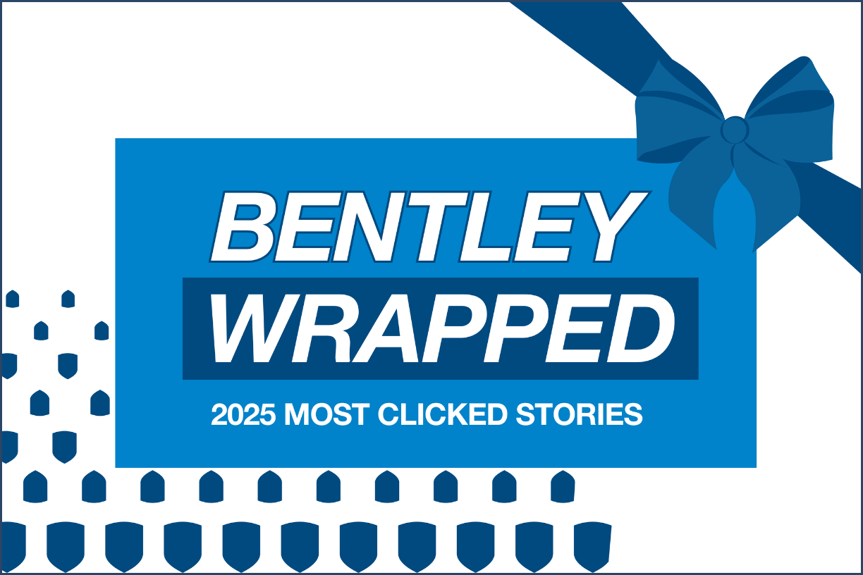 Illustration showing rectangle with "Bentley Wrapped: 2025 Most Clicked Stories" written on it, with a blue bow in the right-hand corner.