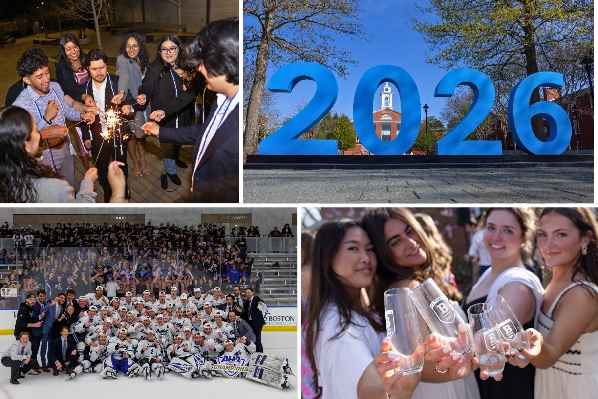 Collage of Bentley Class of 2026, including large "2026" numbers on campus with the clock tower in background, first-generation seniors with sparklers, the senior toast and the men's hockey team champions