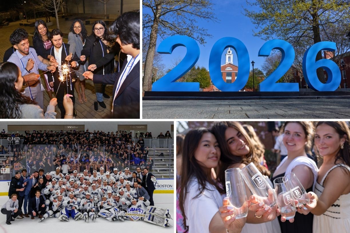 Collage of Bentley Class of 2026: men’s hockey team pose on the ice at NCAA Championship; a group holds up glasses at the senior toast; life-sized 2026 numerals and first-gen students celebrate with sparklers at the senior sendoff