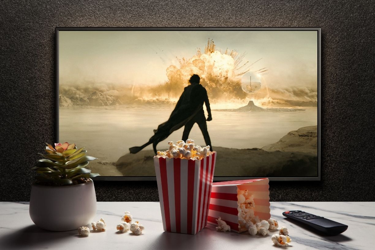 Red striped boxes containing popcorn on a table in front of a TV screen showing a caped man standing in front of a big explosion in the desert