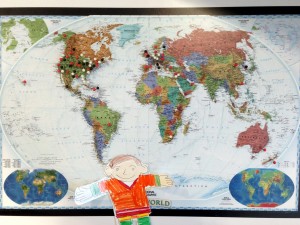 Flat Stanley with a map of some of the libraries that we've shared resources with!
