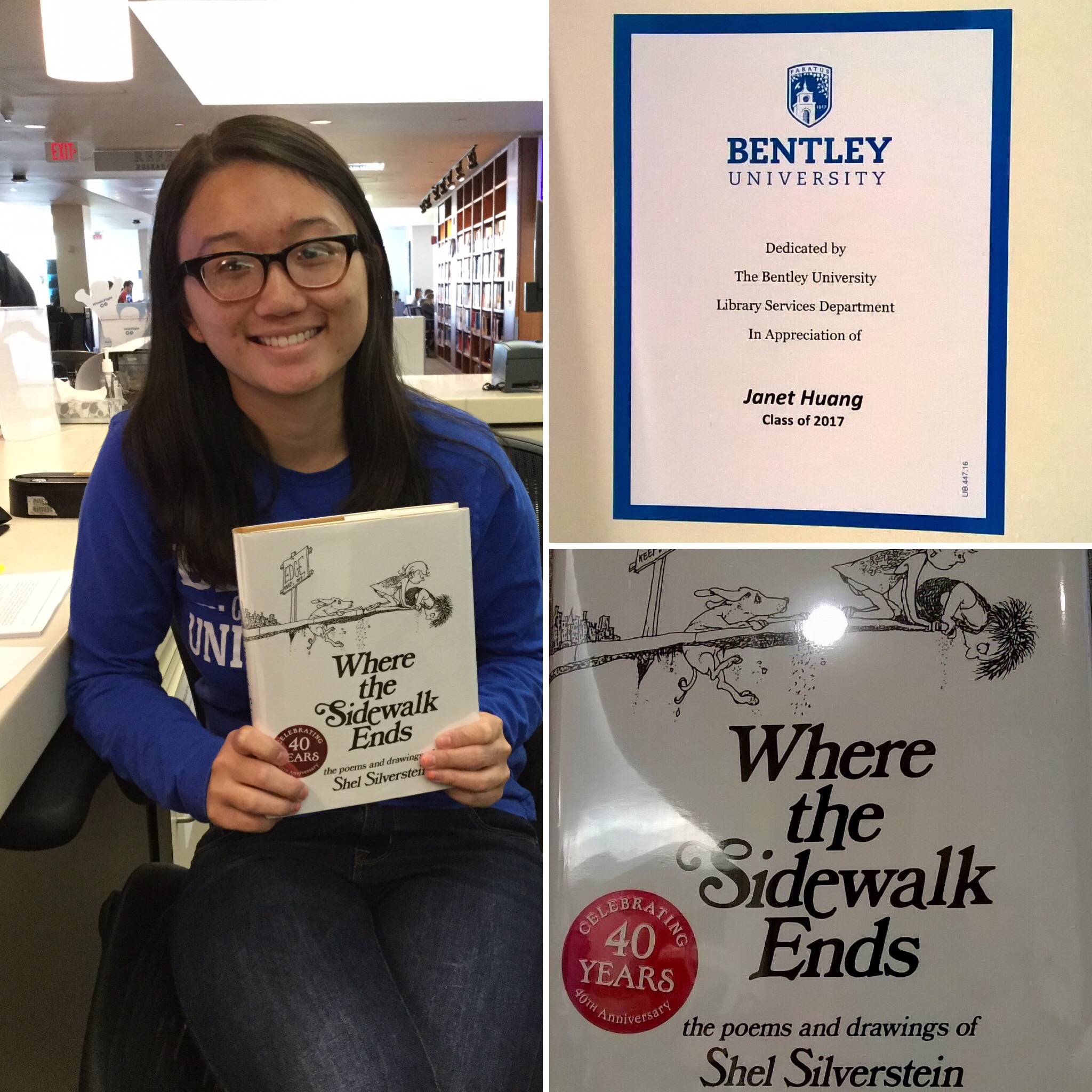 Image collage of student worker Janet Huang with the bookplate dedication for Where the Sidewalk Ends.