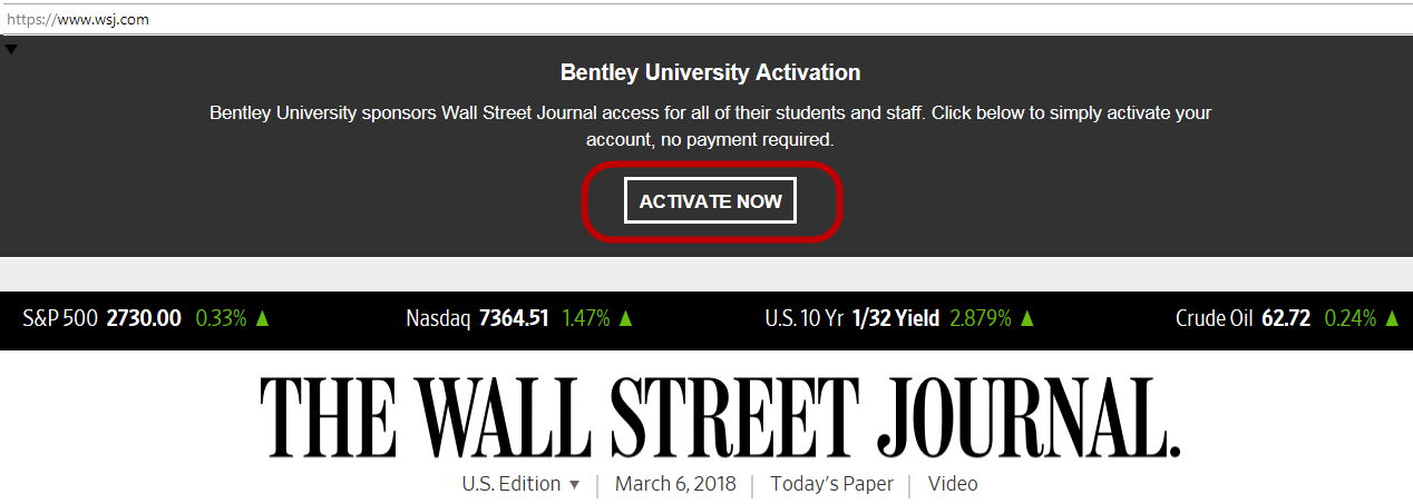Wall Street Journal activation screen