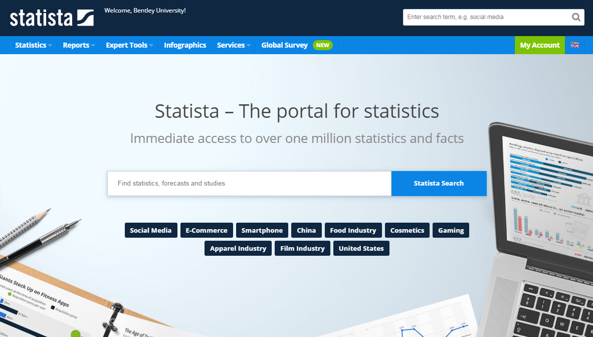 Screenshot of Statista homepage. Displays navigation menus and main search box. 