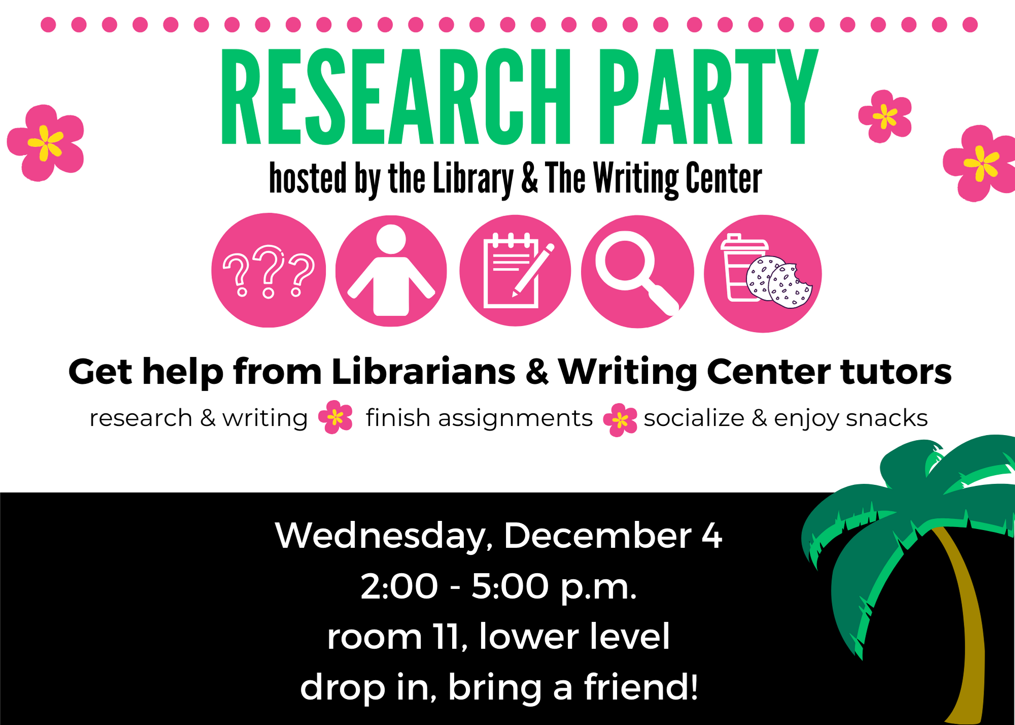 Research Party hosted by the Library & The Writing Center flyer. Wednesday, December 4, 2:00-5:00 p.m. Room 11, Lower Level.