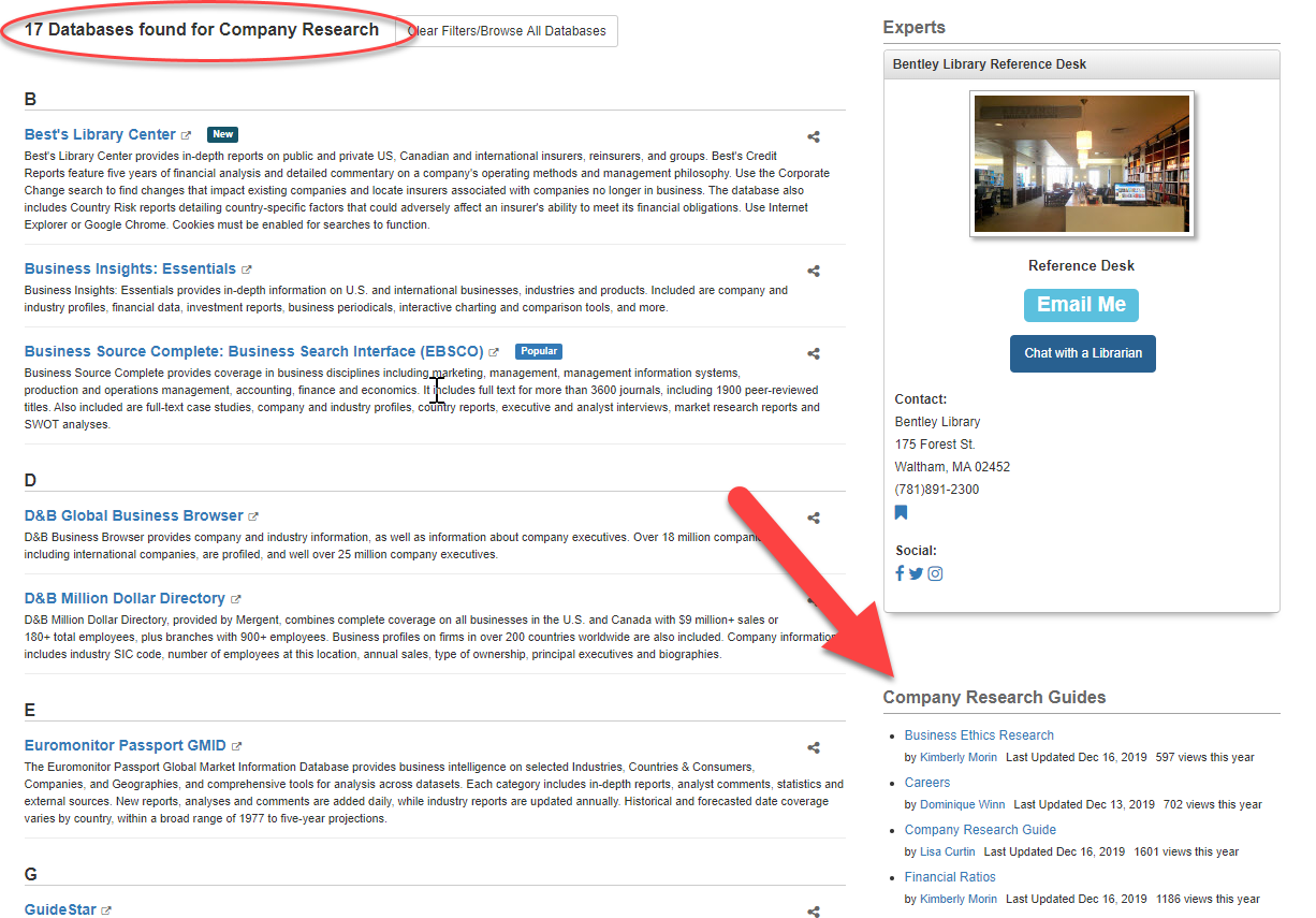 Screenshot of Databases A-Z subject filter page for Company Research with Research Guides highlighted.