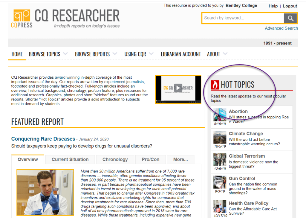 Screenshot of CQ Researcher homepage with Hot Topics content area circled.