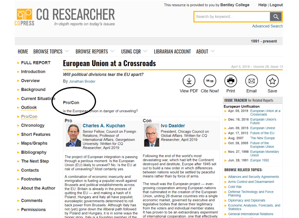 Screenshot of CQ Researcher report highlighting the Pro/Con section.