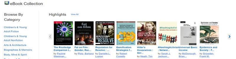 Screengrab of eBook Collection Highlights browsing menu with recent collection additions.
