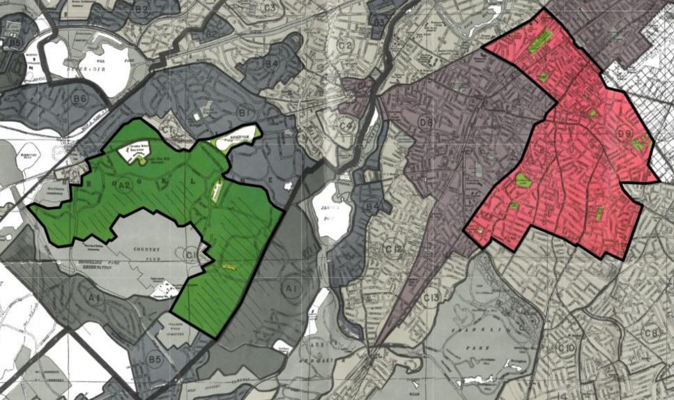 A map illustrating the color-coded system introduced by the Home Owner's Loan Corporation in the 1930s. Brookline is shaded in green, while neighboring Roxbury is shaded in red.