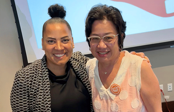    Sonya Yee Coleman ’86 (right), executive director of Stop Handgun Violence withU.S. Attorney for Massachusetts Rachael Rollins. 