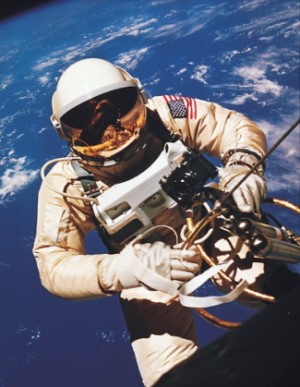 Astronaut Ed White taking the first U.S. spacewalk during NASA's Gemini 4 mission of 1965.