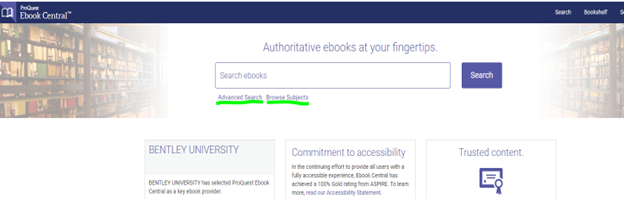 Ebook Central search box showing options for Advanced Search and Browse Subjects