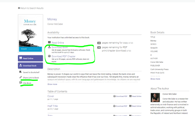 screenshot of Book Details page with options for downloading, sharing, and citing highlighted